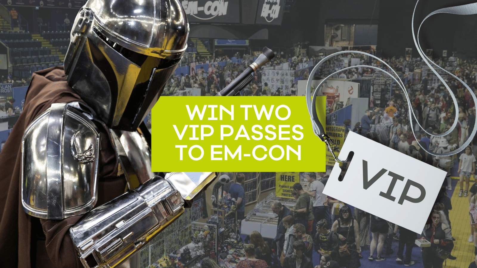 Graphic for the competition including a photo of the event hosted in the arena bowl, as well as a cut out of a cosplayer dressed as the Mandalorian and a mocked up 'VIP' pass